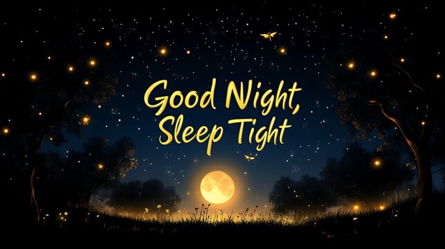 Peaceful night scene with moon, fireflies, and "Good Night, Sleep Tight" text.