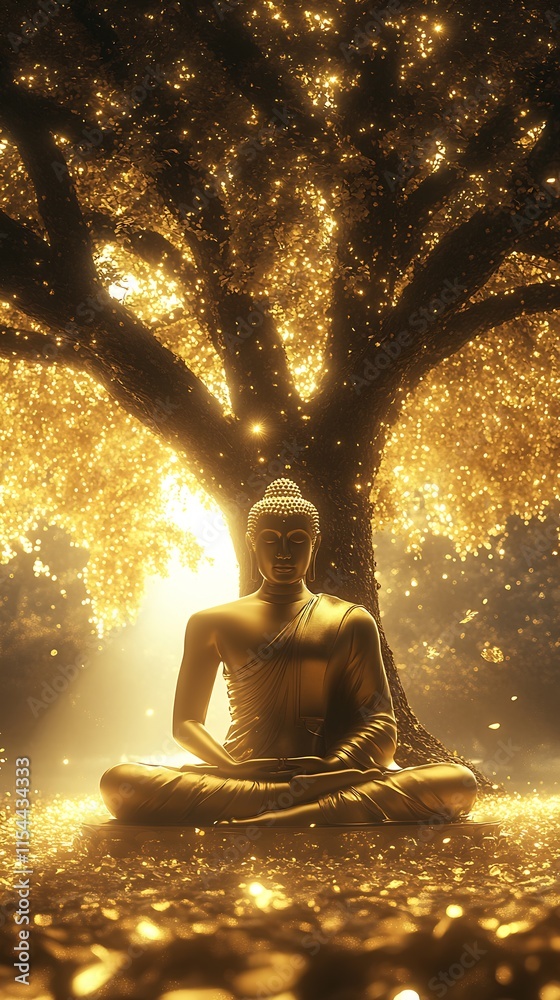 Poster enlightenment meditation with buddha statue under glowing tree in mystical nature : generative ai