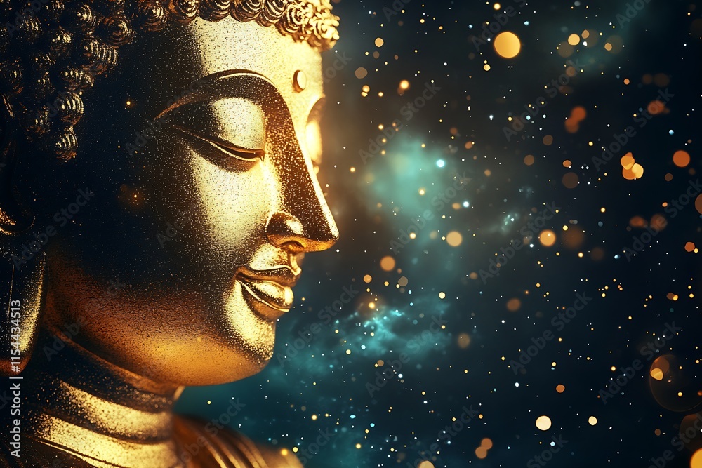 Poster golden buddha statue amidst mystical cosmic background with abstract light particles : generative ai