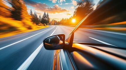 Obraz premium Dynamic Autumn Drive Captured from Passenger View with Scenic Woodland and Sunset Horizon : Generative AI