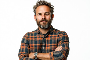 Man with beard in plaid shirt playing guitar on a serene beach at sunset with waves crashing in the background.