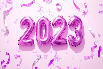 Obraz premium Capture the essence of Happy New Year 2022 through foil balloons in the shape of the number 2022. The festive display with pink air balloons on a pink background is perfectly set up in a flat lay,