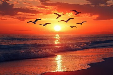 A serene sunset over the ocean with birds flying across the sky.