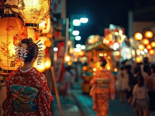Obraz premium A highenergy Japanese street festival with glowing lanterns, traditional floats, and performers in elaborate costumes