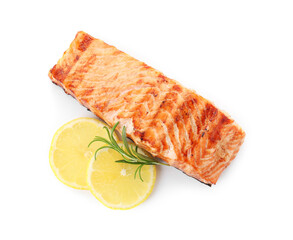 Delicious grilled salmon fillet with lemon and rosemary isolated on white, top view