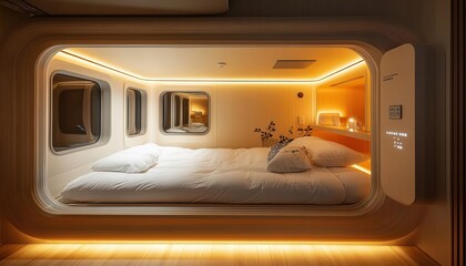 Fototapeta premium A hightech capsule hotel interior in Tokyo, featuring glowing LED panels and futuristic design, modern and efficient