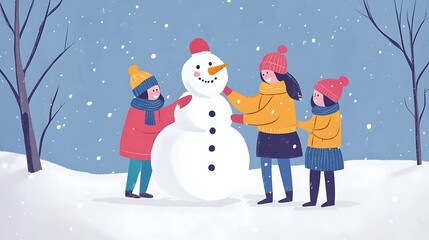 A Family Building a Snowman Together in Winter

