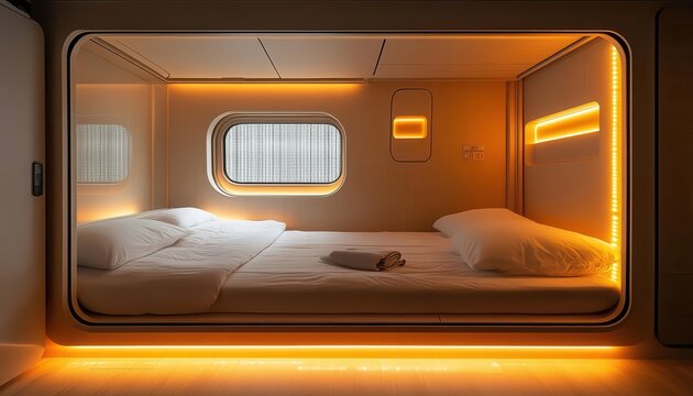 A hightech capsule hotel interior in Tokyo, featuring glowing LED panels and futuristic design, modern and efficient