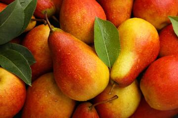 Fresh ripe juicy pears as background, closeup