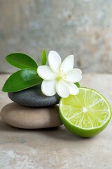 Fototapeta premium A lime sits on top of three rocks. The lime is cut in half and the flowers are white. Concept of calm and relaxation, as the lime and flowers are placed on a stone surface