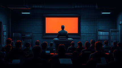 Man presenting to audience in dark room.