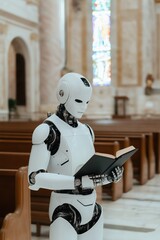 A robot is reading a book in a church. The robot is white and has a book in its hand. The scene is set in a church with stained glass windows. The robot appears to be reading a religious text