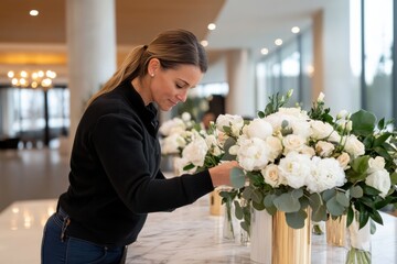 A dedicated wedding planner carefully arranges beautiful white roses and greenery to create stunning floral centerpieces for an elegant event setting.