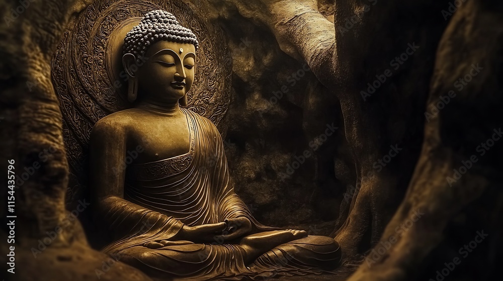 Aufkleber peaceful buddha statue in ancient cave meditation space illuminated by soft light : generative ai
