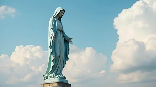 Sculpture of Mary Magdalene. Statue of Mary Magdalene. Sculpture of the Virgin Mary аgainst the sky