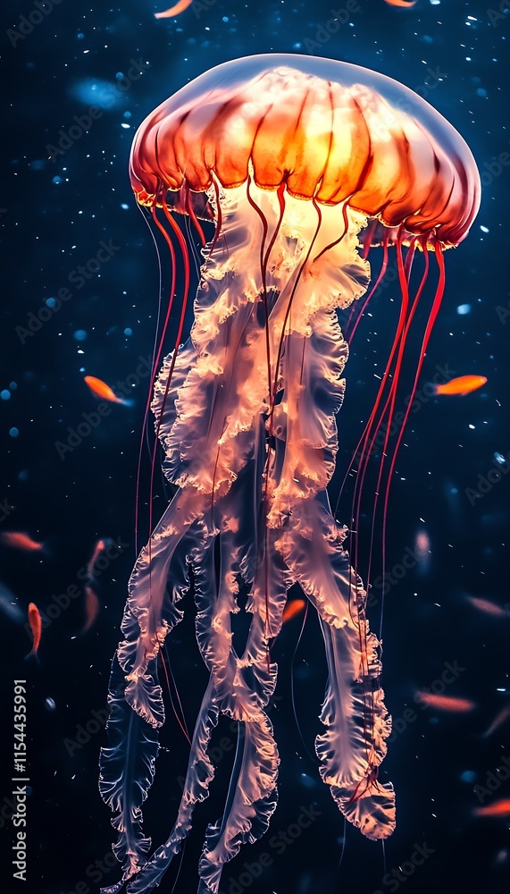 Poster Majestic Jellyfish Illuminated in Deep Sea Glow Floating in Ocean Waters : Generative AI
