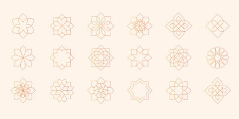 Collection of Arabic oriental floral vector elements. Traditional golden arabesque icons, ornaments and patterns. Abstract flower symbols and logos in ornamental Islamic style.