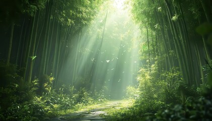 Obraz premium A peaceful bamboo forest with sunlight streaming through tall stalks, creating a mystical and natural ambiance