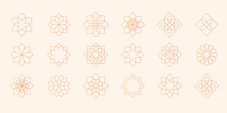 Collection of Arabic oriental floral vector elements. Traditional golden arabesque icons, ornaments and patterns. Abstract flower symbols and logos in ornamental Islamic style.