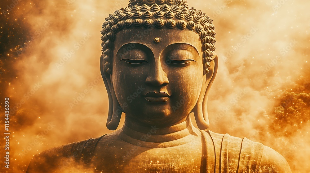 Poster tranquil buddha face emerges from mysterious dusky mist atmosphere : generative ai