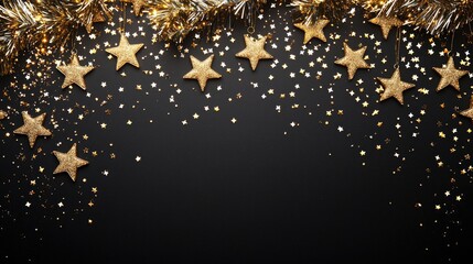 Festive Golden Stars and Tinsel on Black Background Creating a Sparkling Holiday Atmosphere