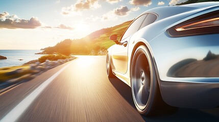 Obraz premium Sleek Sports Car Speeding Along Coastal Road at Sunset with Scenic View : Generative AI