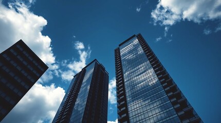 Look up view of modern office buildings sky scrapper in the city