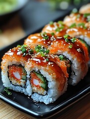 Close-Up of Delicious Sushi With Roe and Green Garnish on Black Plate : Generative AI