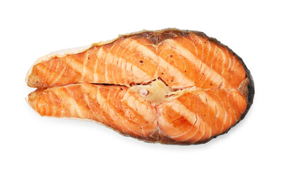 Tasty grilled salmon steak isolated on white, top view