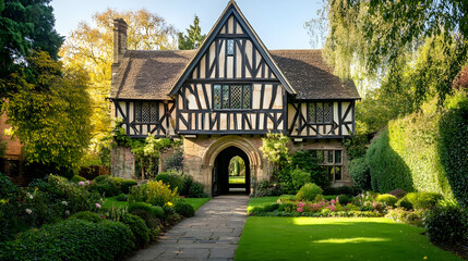 Charming Tudor manor in Oxford England with half-timbered walls and an arched entryway