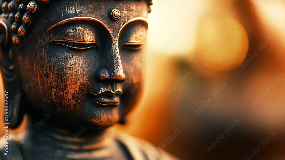 Poster Tranquil Buddha statue in serene setting with warm golden light and peaceful expression : Generative AI