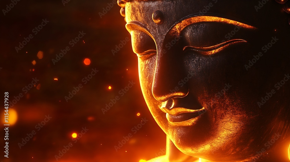 Aufkleber Serene Closeup of Bronze Buddha Face with Warm Glow and Floating Embers in Tranquil Atmosphere : Generative AI