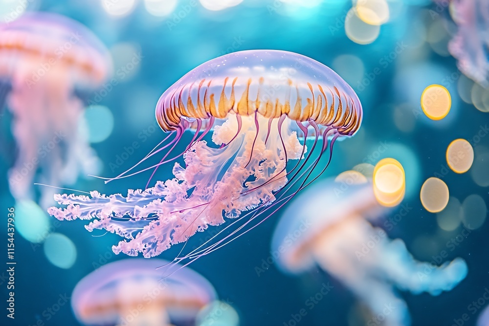 Poster Luminescent Jellyfish Floating in Tranquil Ocean with Bokeh Lights : Generative AI