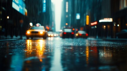 Obraz premium Dramatic Urban Street Scene with Reflections of Yellow Taxi and City Lights on a Rainy Night : Generative AI