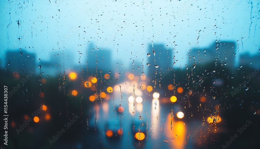 Aufkleber romantic bokeh view of raindrops on window overlooking city lights during rainy evening : generative