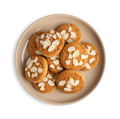 Tasty cookies with almond flakes isolated on white, top view