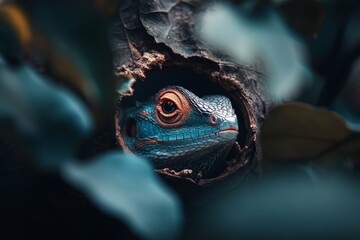 Colorful lizard peers out from the hollow of a tree in a lush tropical environment