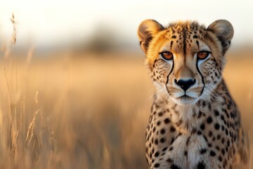 Obraz premium Cheetah resting in golden grassland during early evening light in a serene wildlife habitat