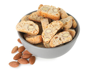 Traditional Italian almond biscuits (Cantucci) in bowl and nuts isolated on white