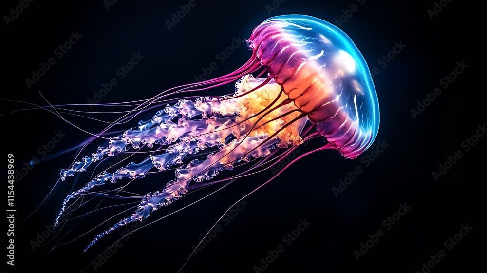 Poster Mesmerizing Neon Pink and Blue Jellyfish Floating Gracefully in the Dark Ocean : Generative AI