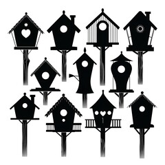 Birdhouses Silhouettes - Charming birdhouses for garden and nature themes.. white background