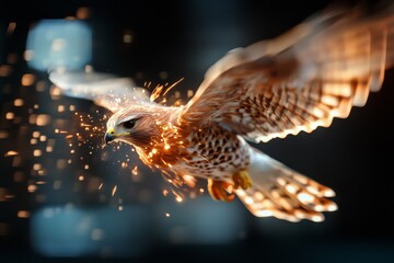 Fototapeta premium Hawk in flight creating a stunning display of sparks and feathers at sunset in a natural setting