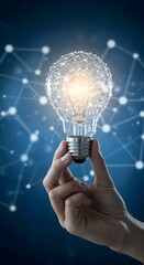 Innovation and creativity shown with a hand grasping a glowing bulb and digital blue networks, set in a calming and futuristic background, perfect for technology and business themes