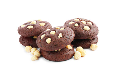 Tasty chocolate cookies with hazelnuts isolated on white