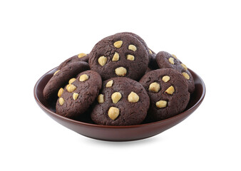 Tasty chocolate cookies with hazelnuts in bowl isolated on white