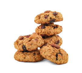 Delicious oatmeal cookies with dried cranberries and nuts isolated on white