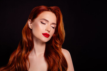 Fototapeta premium Photo of stunning lovely girl model closed eyes enjoy pleasure dressed dress isolated on black color background
