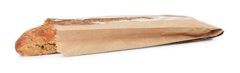 Fresh baguette in paper bag isolated on white