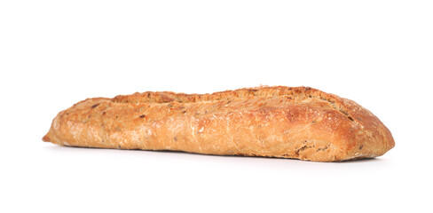 One freshly baked baguette isolated on white