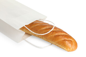 Freshly baked baguette in paper bag isolated on white
